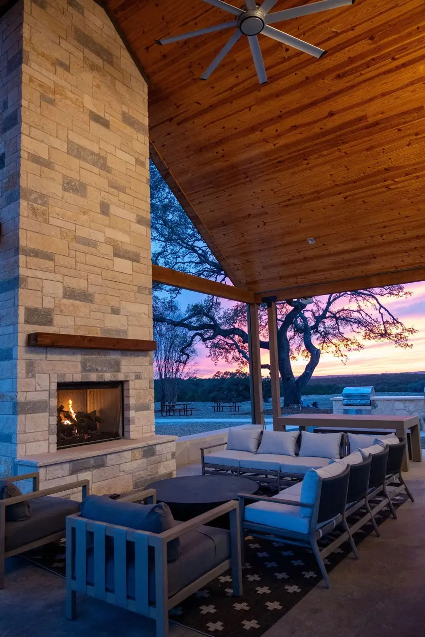 Evening at the pavilion fireplace at Horseshoe Ridge RV Resort in Wimberley, Texas