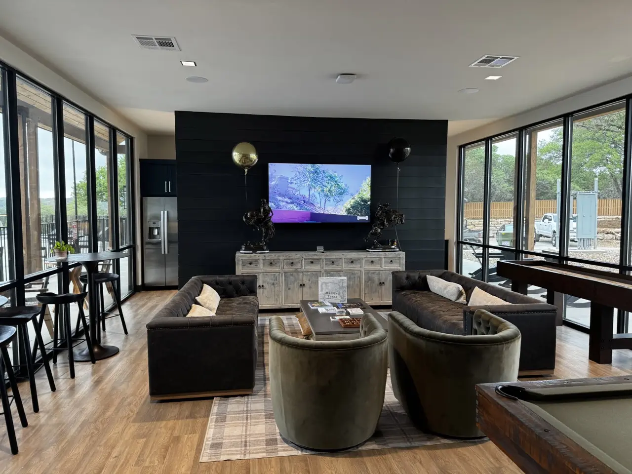 Indoor clubhouse lounge at Horseshoe Ridge RV Resort in Wimberley, Texas Hill Country