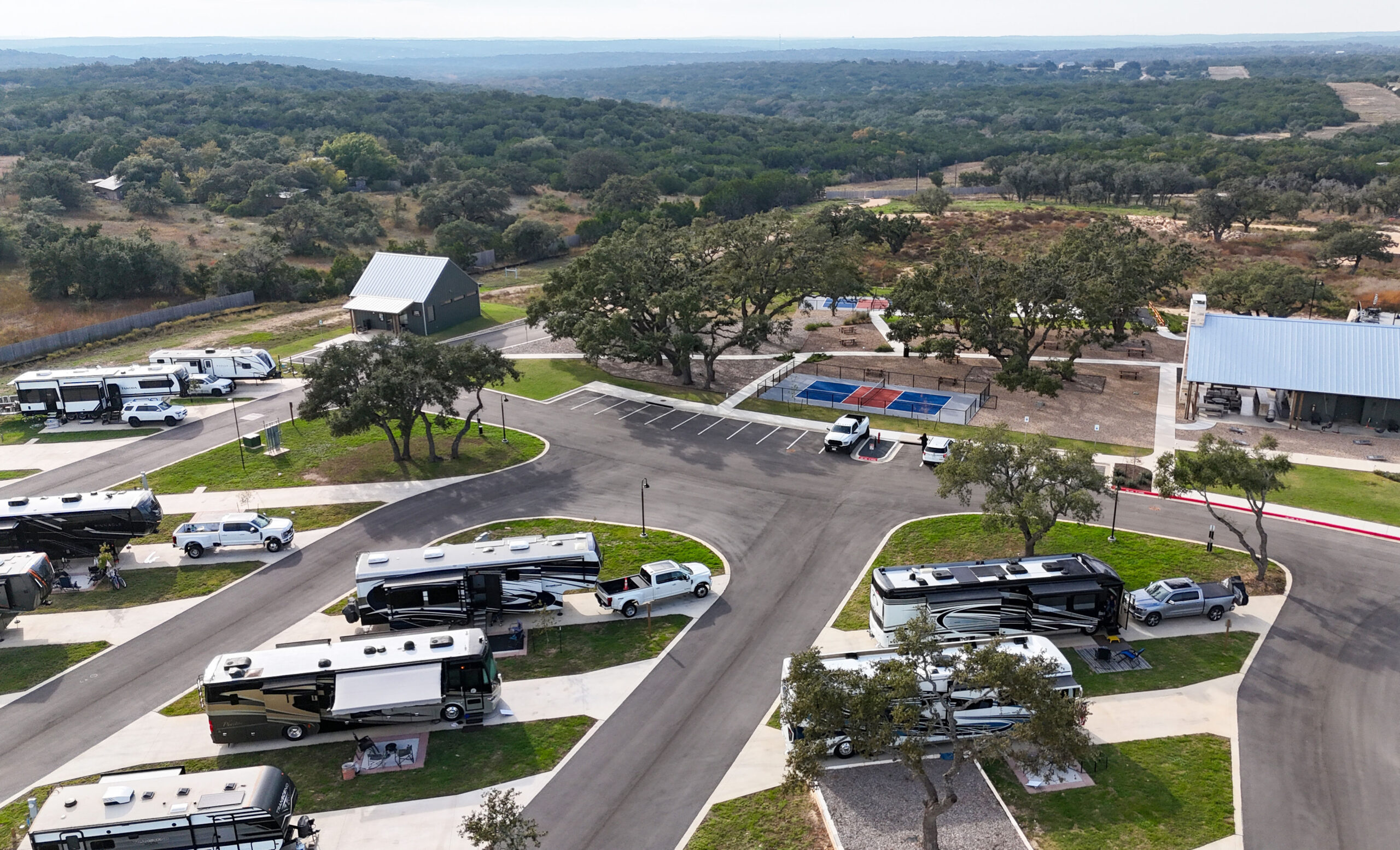Premium fullhookup RV sites under the oaks at Horseshoe Ridge RV Resort, Wimberley TX