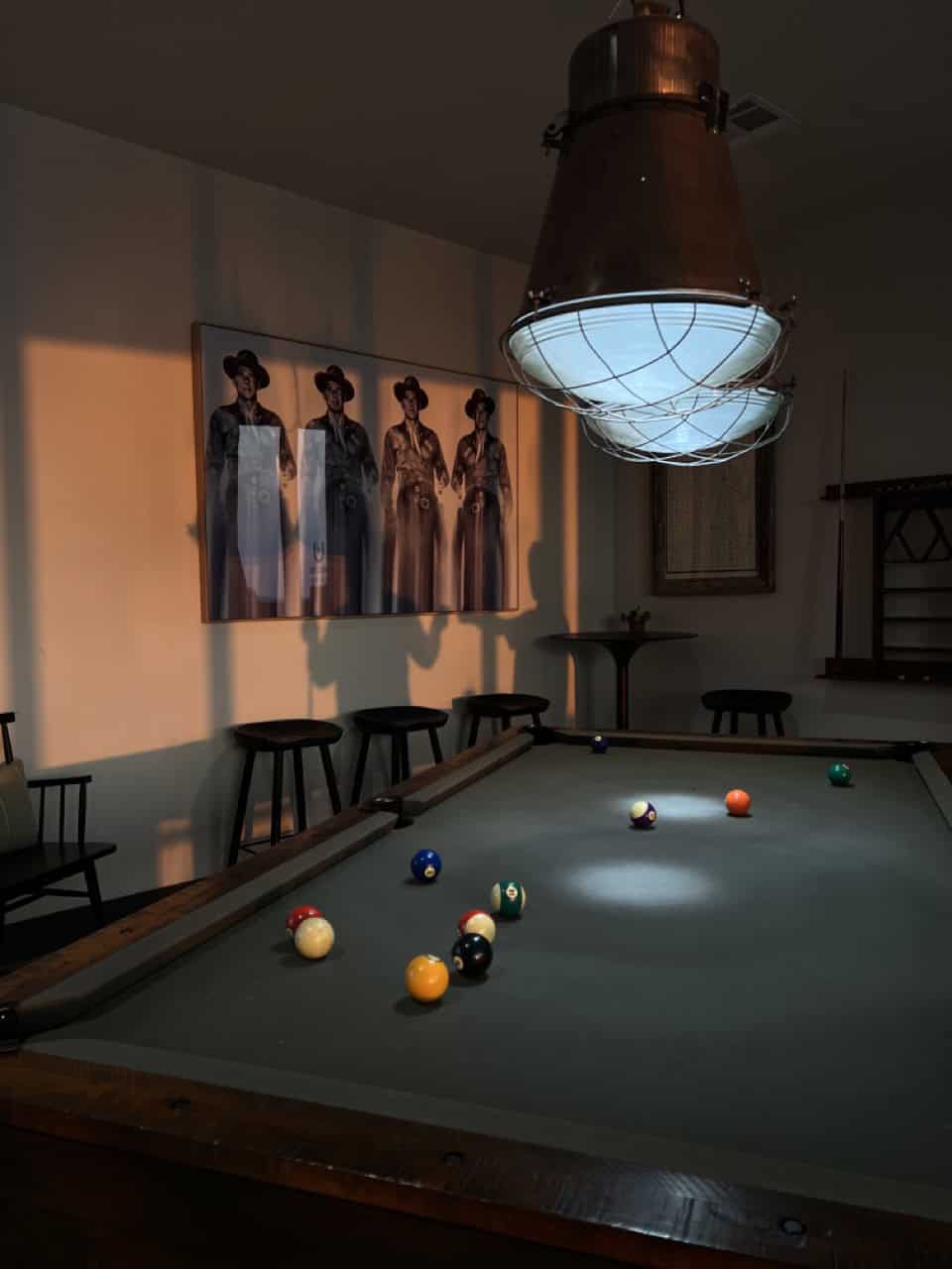 Indoor lounge with pool table at Horseshoe Ridge RV Resort in Wimberley, TX