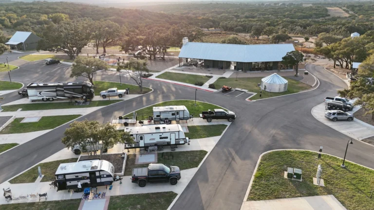 Horseshoe Ridge RV Resort in Texas - aerial view of parked RVs in parking lot