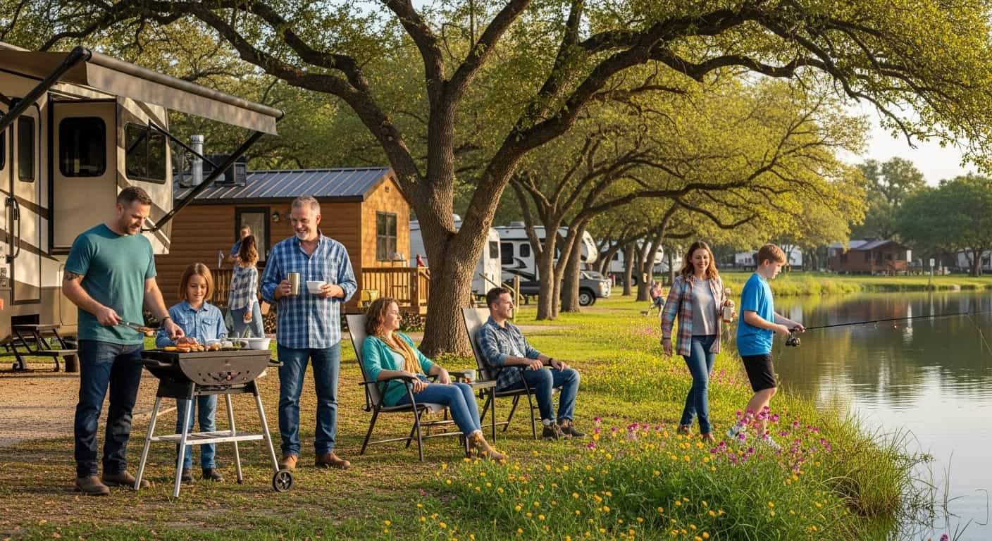 Guests sharing the outdoor gathering space at Horseshoe Ridge RV Resort in the Texas Hill Country