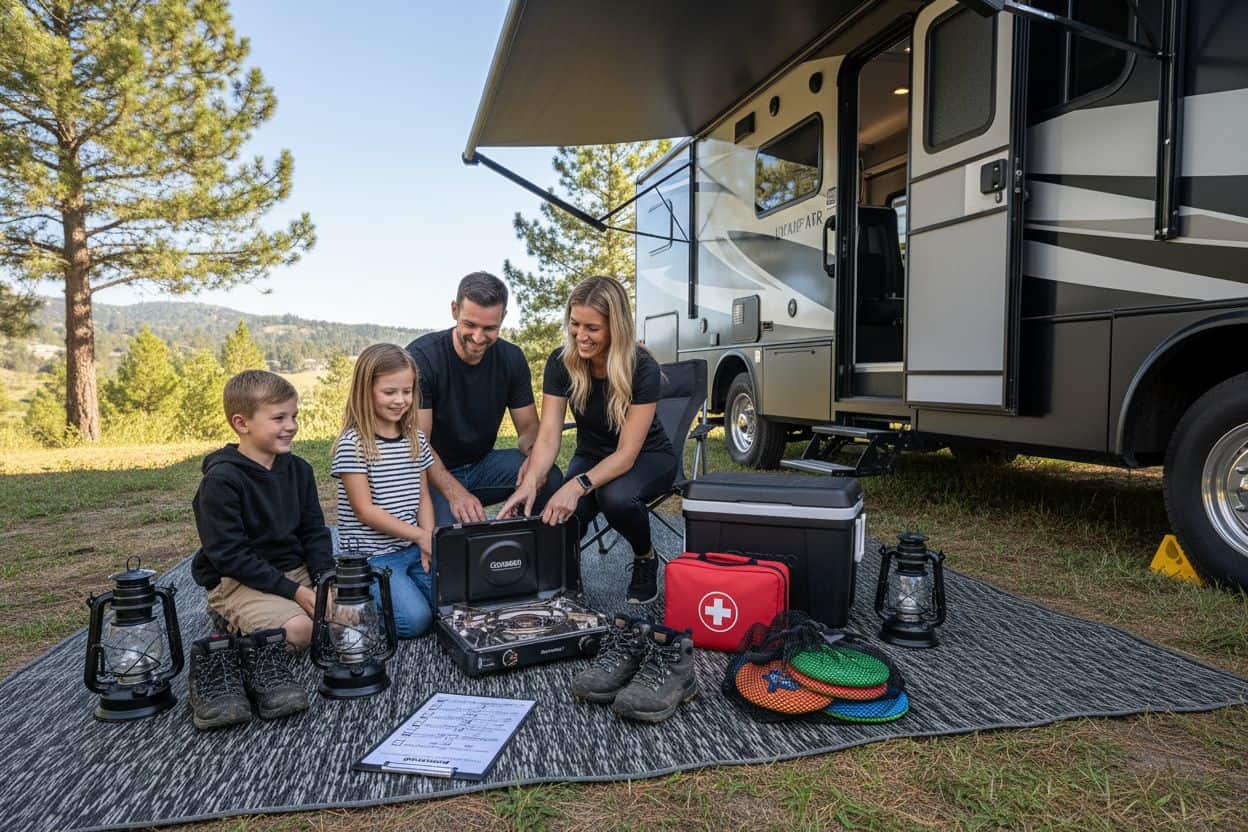 RV camping essentials laid out for a fullhookup stay in the Texas Hill Country
