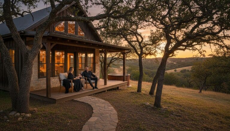 Scenic view of Horseshoe Ridge RV with people relaxing on porch at sunset.