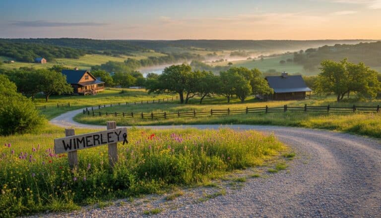 Scenic view of Horseshoe Ridge RV with lush green landscape and sunrise in Wimberley Texas.