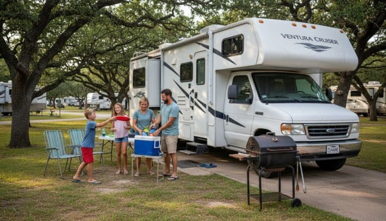 Family enjoying outdoor meal at Horseshoe Ridge RV resort in Texas Hill Country.