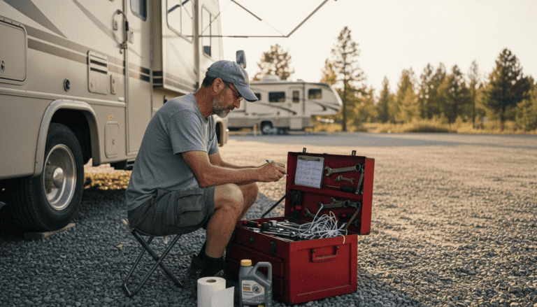 Man performing RV maintenance with tools at Horseshoe Ridge RV site.