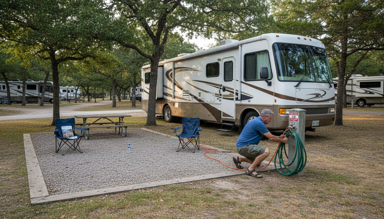 RVer connecting a water hose at a fullhookup site pedestal while setting up in daylight at a Texas Hill Country RV site