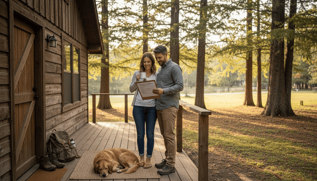 Couple with dog at Horseshoe Ridge RV in a forest setting during sunset.