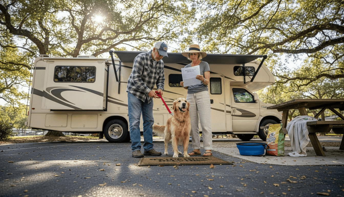 Happy couple with dog at Horseshoe Ridge RV campsite under trees.