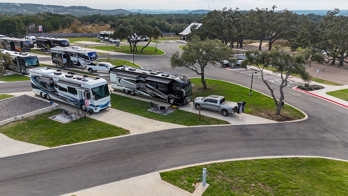 Aerial view of Horseshoe Ridge RV Resort in Wimberley, TX — monthly RV stays in Texas Hill Country
