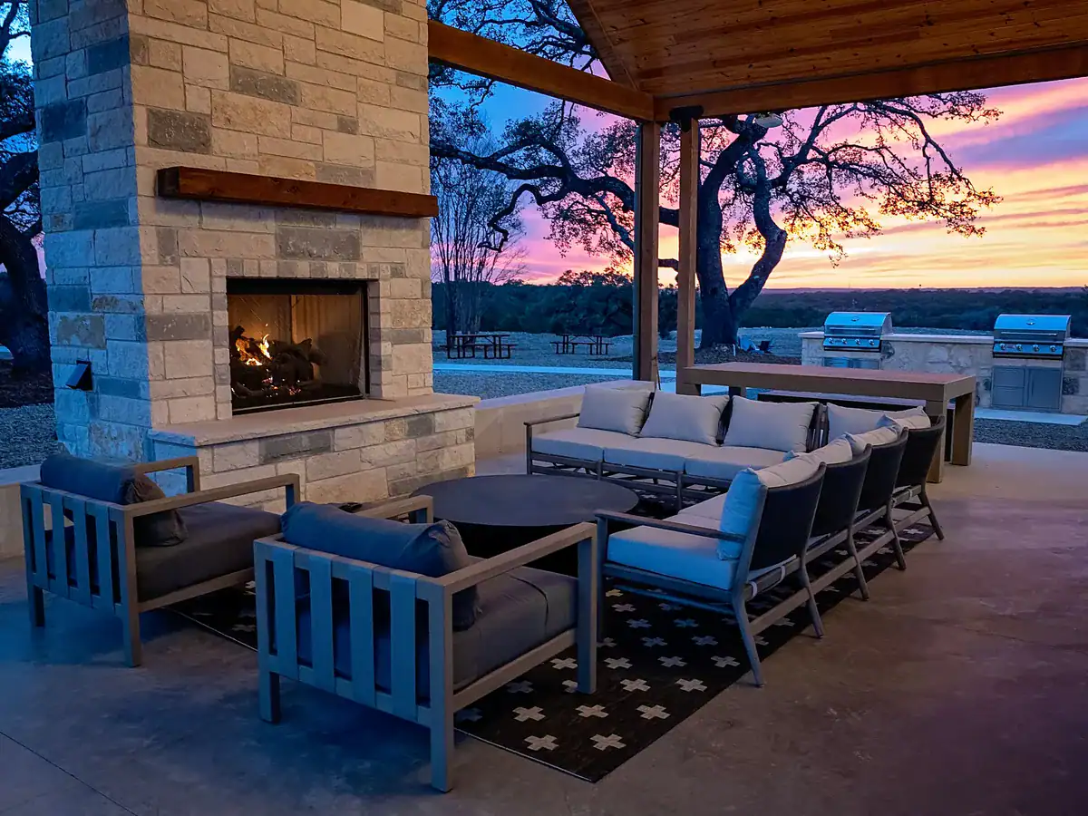 Pavilion fireplace and outdoor kitchen at Horseshoe Ridge RV Resort