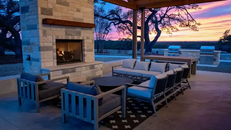 The pavilion fireplace lit at dusk at Horseshoe Ridge RV Resort