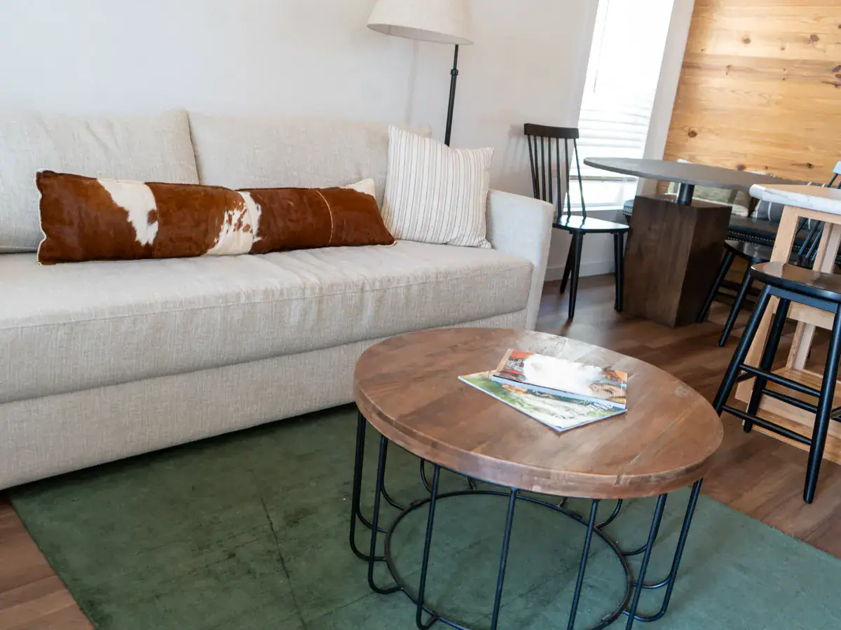 Sea Biscuit cabin living room with a pine accent wall, sofa and green rug