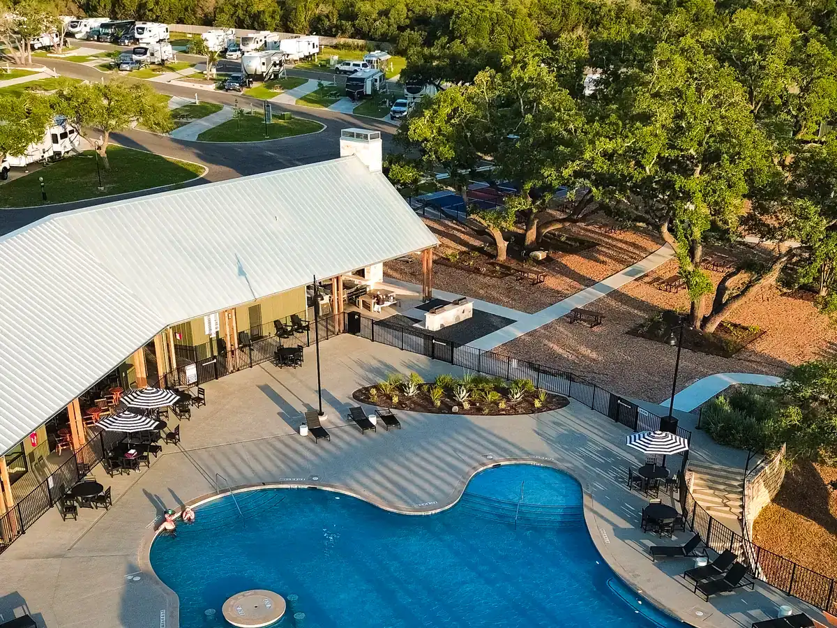 Aerial of the 3,000-square-foot pool, deck and clubhouse