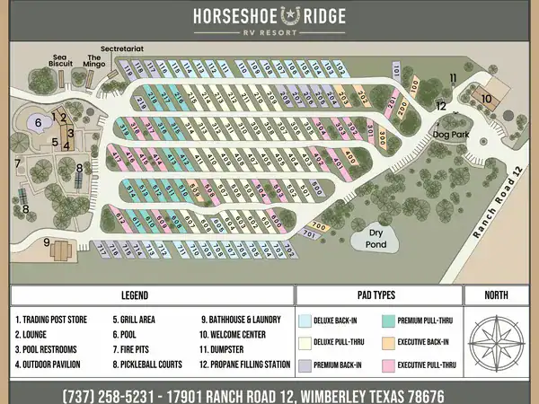 Illustrated Horseshoe Ridge resort map showing RV sites, cabins and amenities