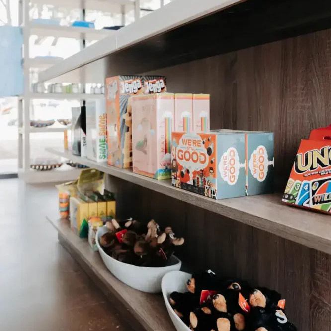 Display of board games and plush toys at Horseshoe Ridge RV.