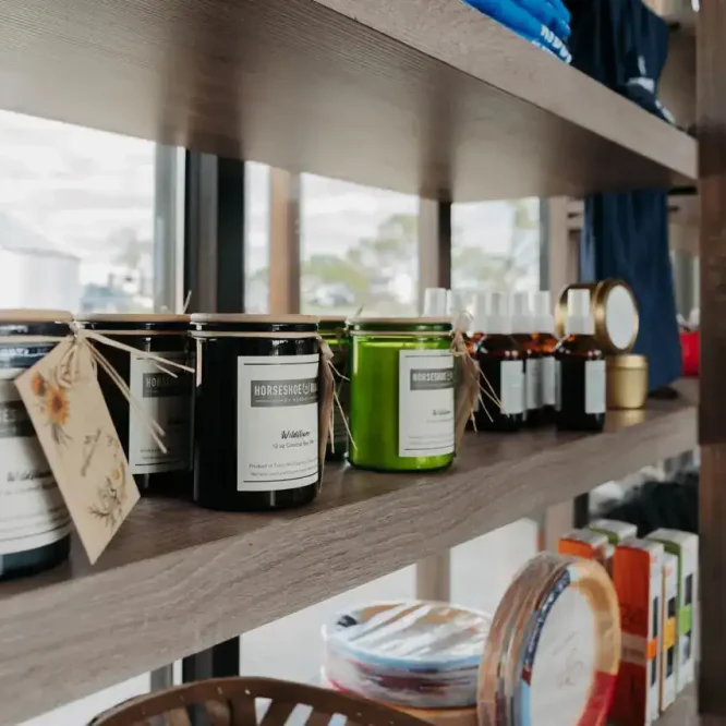 Horseshoe Ridge RV store shelves with candles and accessories.
