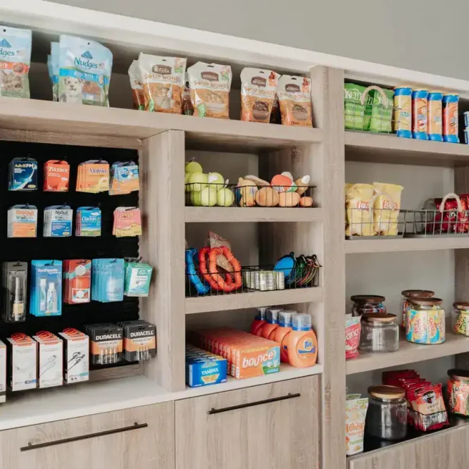 Shelves with pet food and supplies at Horseshoe Ridge RV.