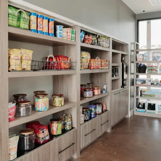 Convenient store shelves at Horseshoe Ridge RV with snacks and essentials.