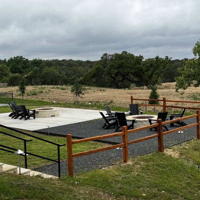 Outdoor seating area at Horseshoe Ridge RV with scenic countryside view.